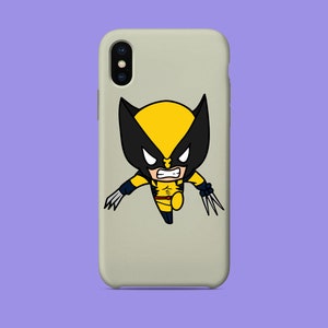 May include: A white phone case with a cartoon image of Wolverine, a superhero with yellow and black colors, in a fighting pose.