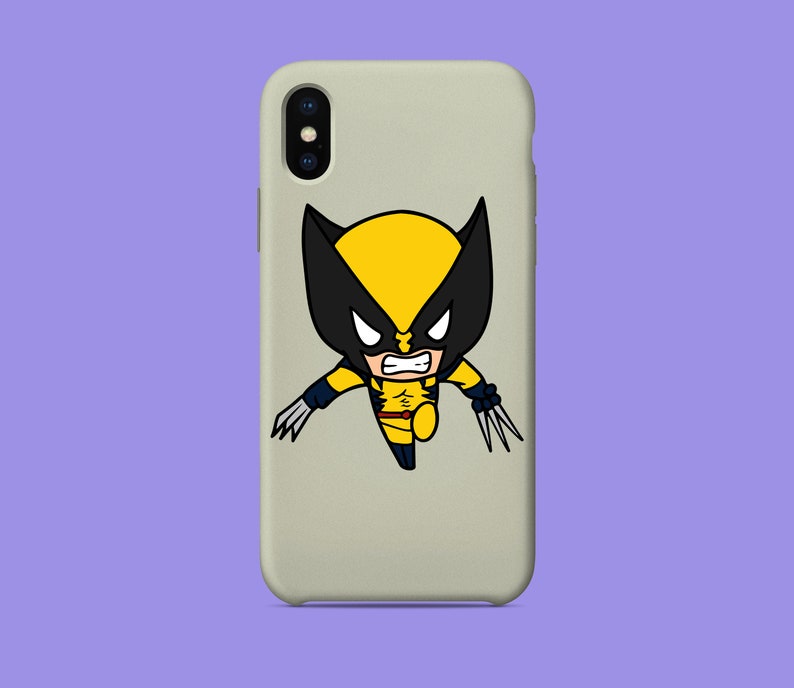 May include: A white phone case with a cartoon image of Wolverine, a superhero with yellow and black colors, in a fighting pose.