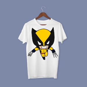 May include: White t-shirt with a cartoon image of Wolverine, a superhero with yellow and black costume, claws, and a fierce expression.