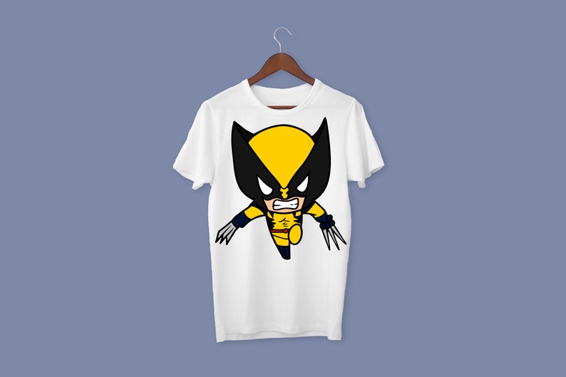 May include: White t-shirt with a cartoon image of Wolverine, a superhero with yellow and black costume, claws, and a fierce expression.