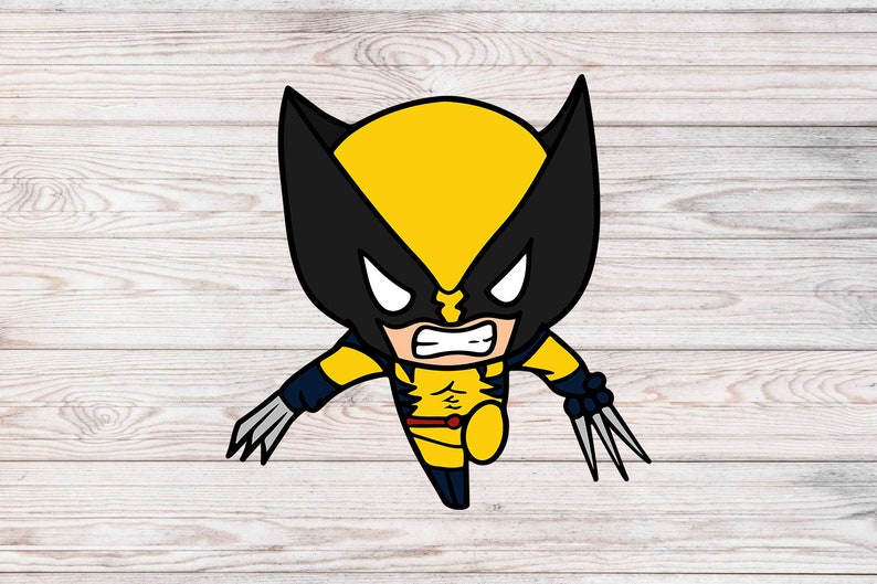 May include: A cartoon illustration of Wolverine, a superhero with yellow and black costume, claws, and a fierce expression. The image is set against a woodgrain background.