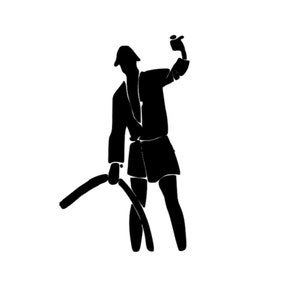 May include: A black silhouette graphic of a figure wearing a hat and a robe, holding a small object up with one hand while grasping a long, curved, flexible object that extends downward toward the ground with the other hand.