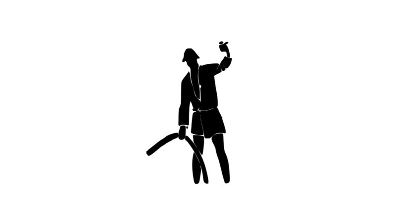 May include: A black silhouette graphic of a figure wearing a hat and a robe, holding a small object up with one hand while grasping a long, curved, flexible object that extends downward toward the ground with the other hand.