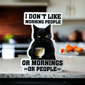 I don't like morning people black cat stickers for kindle, introvert gift, Easter basket filler for cat lovers, sarcastic stickers for water