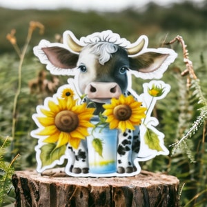 Clarabelle Cow and Sunflower Sticker, cow sticker, sunflower sticker, cow gift, cow stickers cute, gift for her, animal sticker