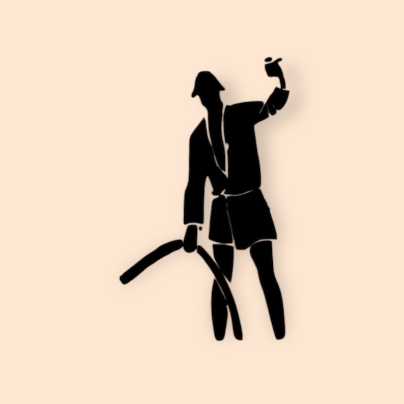 May include: A black silhouette graphic of a figure wearing a hat and shorts, holding a long, curved object in one hand and a smaller object in the raised other hand, set against a solid, light peach-colored background.