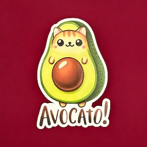 Avocato sticker, cute cat vinyl sticker, funny food stickers, animal decal for car, water bottle stickers, animal food pun, cat lover gift