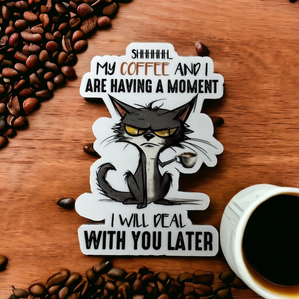 Coffee addict funny cat stickers for kindle, Easter basket filler for cat lovers, coffee sticker for water bottle, coffee lover gift for her