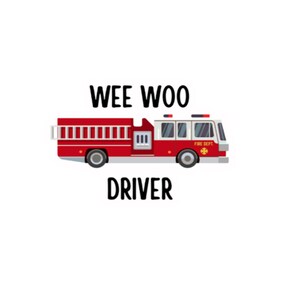 May include: A red and white fire truck with the words "Wee Woo Driver" printed below. The fire truck has a ladder on the side and the words "Fire Dept" on the side.