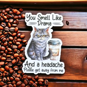 May include: A white sticker with a grumpy cat illustration holding a coffee cup. The text on the sticker reads "You Smell Like Drama and a Headache. Please get away from me."