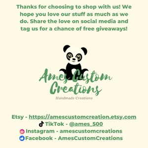 May include: A light cream-colored card featuring a black and white panda illustration above the green text Ames Custom Creations and Handmade Creations. The card includes social media handles for Etsy, TikTok, Instagram, and Facebook in green.