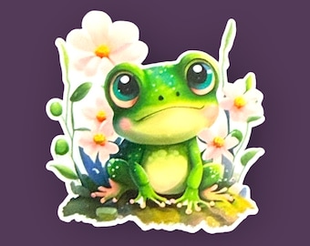 Cute frog sticker, cottagecore frog sticker, animal vinyl decal, frog gift, gifts for friends, stickers for laptop, Kawaii Frog with Flowers