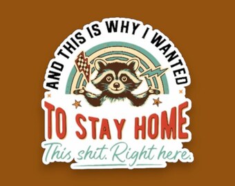 May include: A die-cut sticker featuring a raccoon with arms outstretched, centered within a rainbow arch. The text reads: AND THIS IS WHY I WANTED TO STAY HOME. TO STAY HOME. This shit. Right here. The design includes lightning bolts and stars.