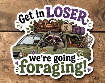 Get in loser, nature lover gifts, cottagecore decal, funny raccoon sticker, gift for gardener, woodland foraging, mushroom hunting gifts