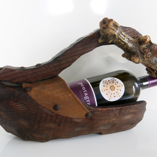 Porte-bouteille de vin vintage, sabot en bois avec ouvre-bouteille Bouteille de vin en bois sculpté vintage des années 1960-70
