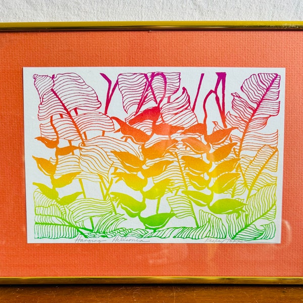 Vintage “Hanging Heliconia” screenprint Keefe Tepper signed and titled framed artwork. Banyan Arts Hawaiian silkscreen art