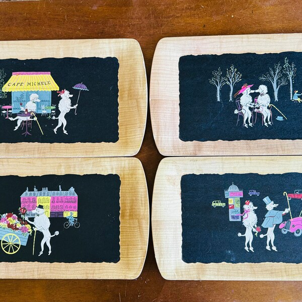 Set/4 Vintage 1950s wood painted Kentley trays of “The Romance of Fifi and Pepe” Poodle artwork series, oblong wood cafe trays