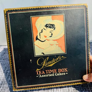 Sanders Confectionary Candy box, vintage advertising Art Deco Tea Time box of assorted cakes, 1920’s antique candy box Sanders Detroit