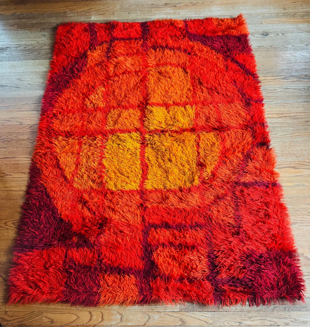 Scandinavian Rya Rug, Mid Century Pattern, Bright Colors Bold Geometric ...