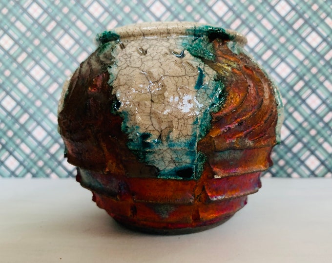 Studio Art Pottery Raku Vase by Bruce Odell Iridescent Gasoline Effect