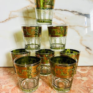 Set/8 Vintage Cera “Golden Grapes” Grecian pattern Double Old Fashioned Rocks Drinking Glasses grapevine 22K cocktail vintage bar cart