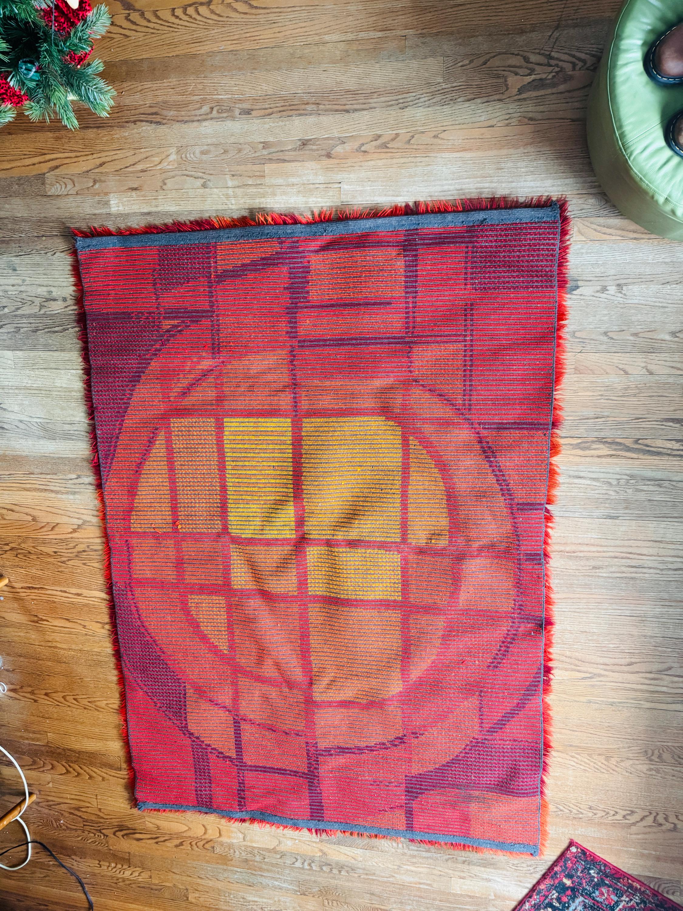 Scandinavian Rya Rug, Mid Century Pattern, Bright Colors Bold