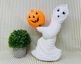 Vintage Ghost carrying Jack o Lantern pumpkin Tabletop Blow Mold Halloween decoration Retro Halloween decor original pumpkin with stem