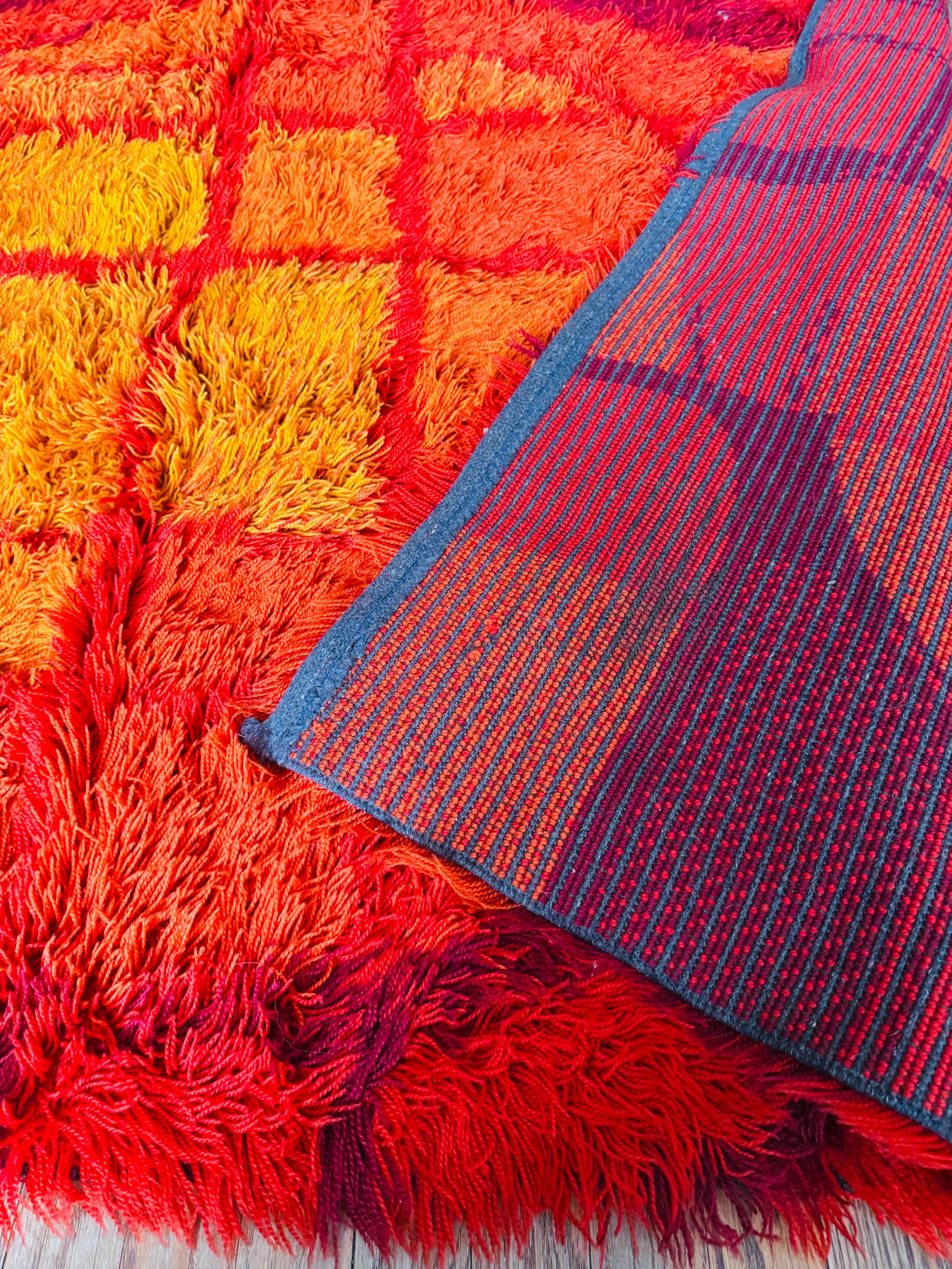 Scandinavian Rya Rug, Mid Century Pattern, Bright Colors Bold