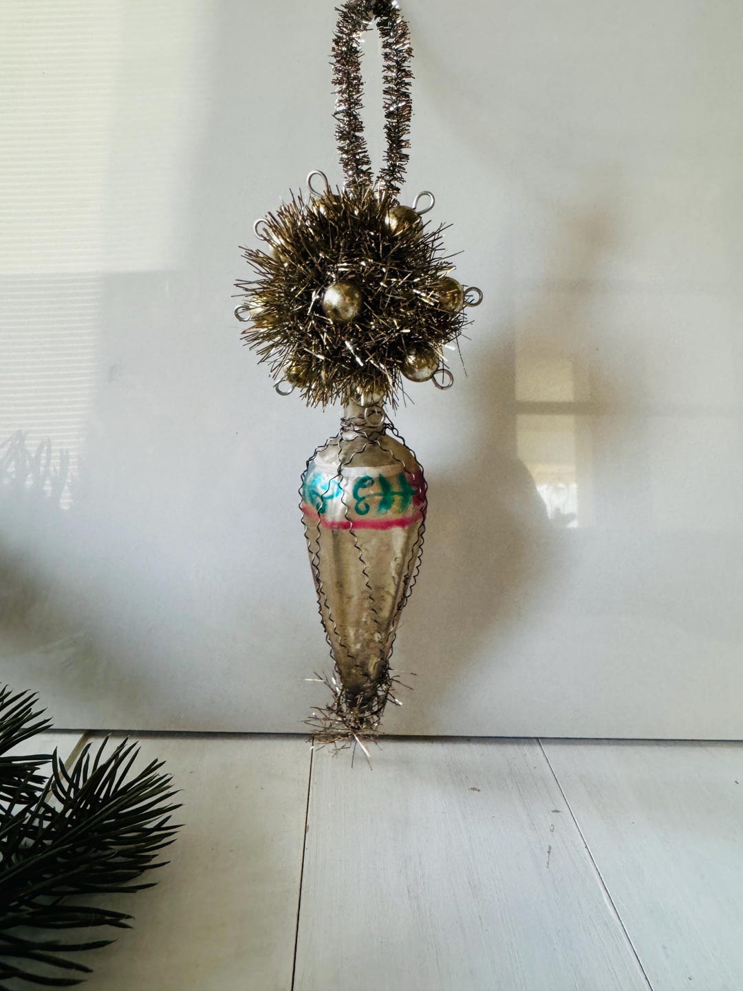 Wire Tinsel Wrapped Mercury Glass Christmas Ornament Silver Hand ...