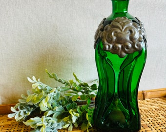 Collectible Holmegaard Emerald green glass bottle decanter with ornate pewter detailing. Danish glass schnapps bottle from Denmark