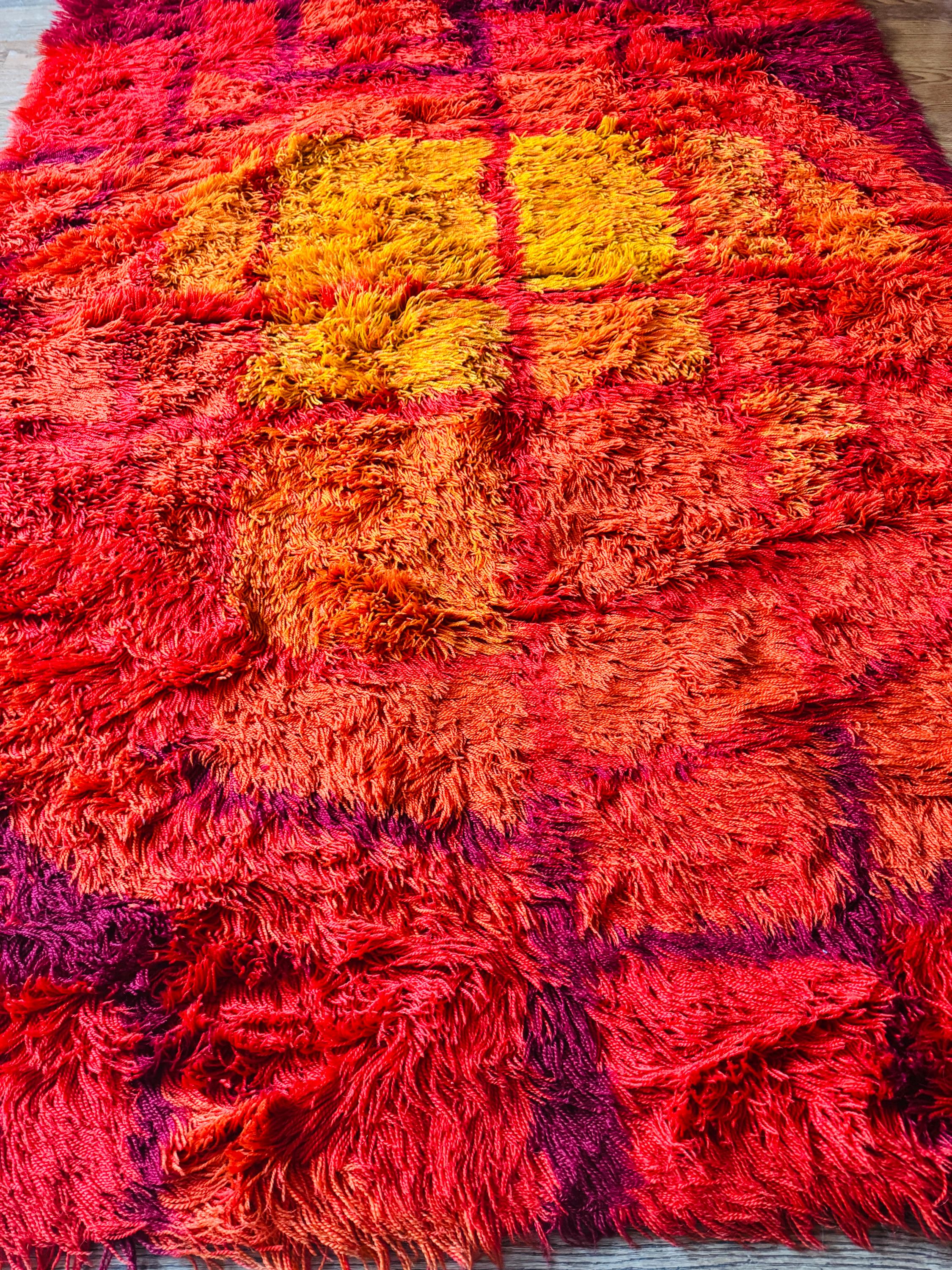 Scandinavian Rya Rug, Mid Century Pattern, Bright Colors Bold
