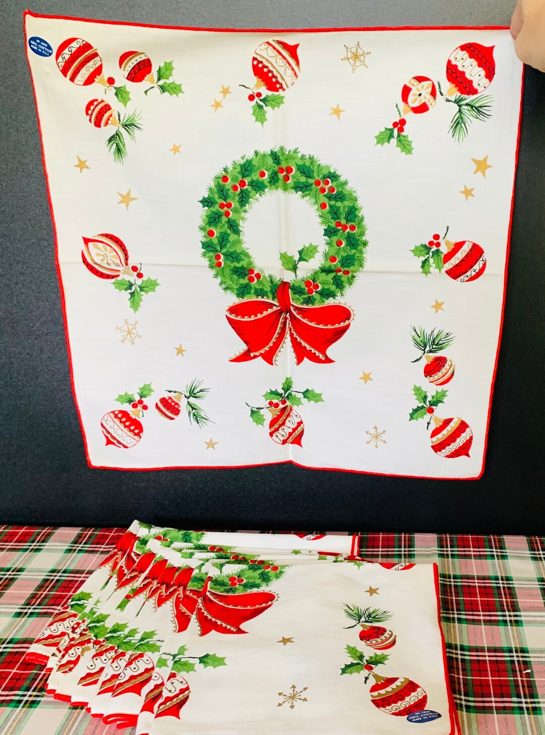 Set/8 Vintage Christmas Napkins Wreath and Ornaments Square Etsy