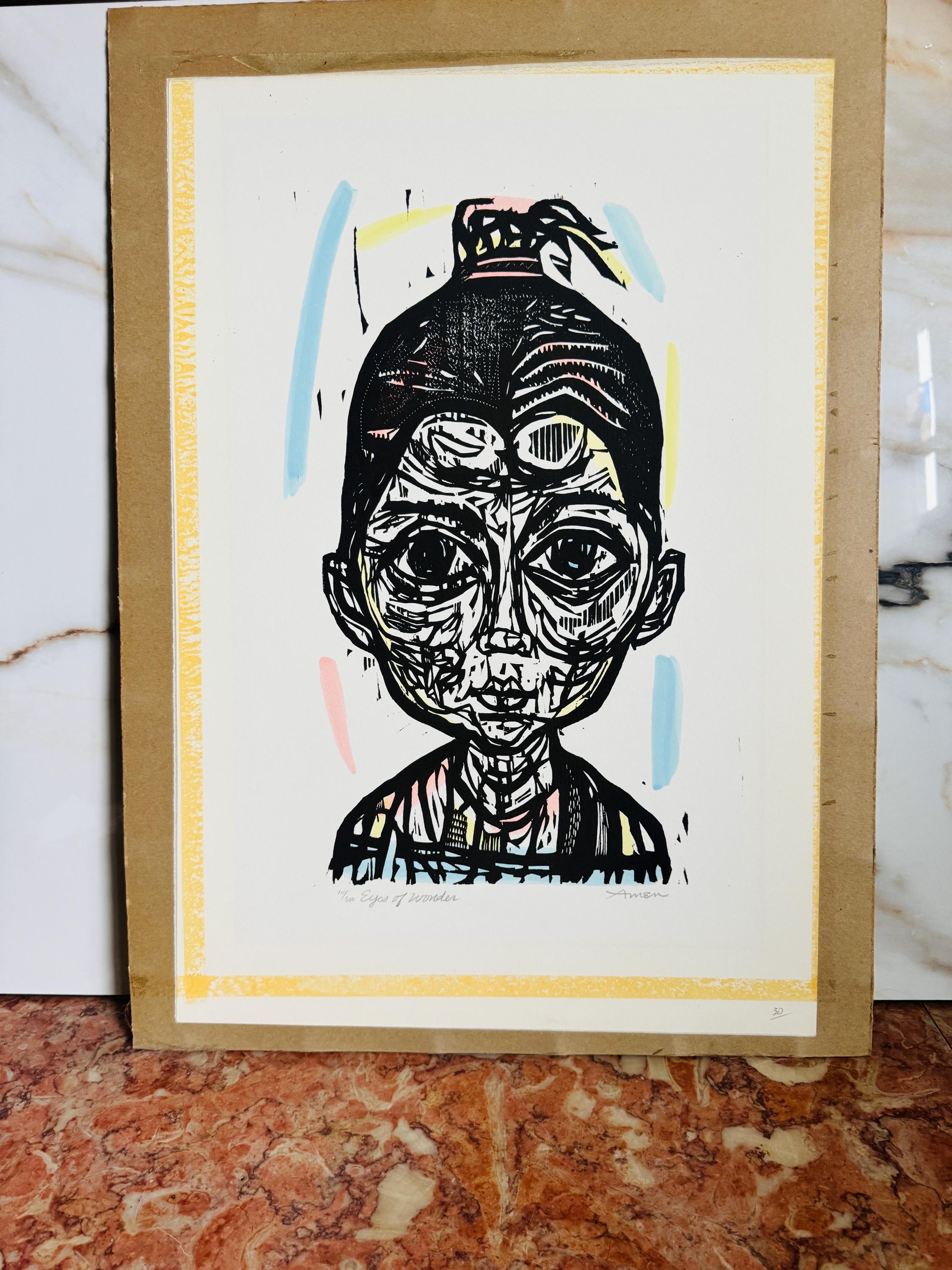 Vintage Irving Amen "Eyes of Wonder" hand signed in pencil and numbered by artist lithographic woodcut print portrait modern art