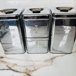 Set of 4 Lincoln Beautyware Aluminum Canister set with lids black knobs, kitchen decor storage, nesting containers, retro mid century