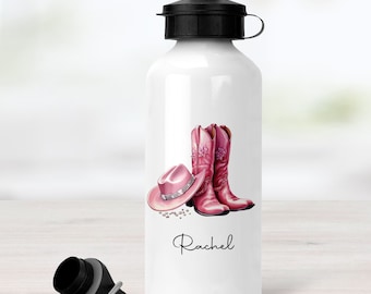 Personalised Cowgirl Water Bottle: Pink Cowboy Hat & Boots