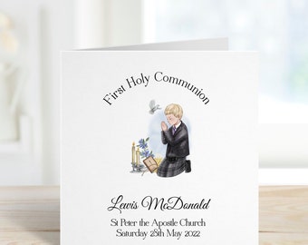 Personalised First Communion card, Holy Communion card boy in kilt, Handmade Communion card, Scottish First Communion card