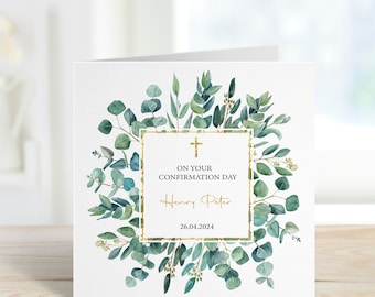 Personalised Confirmation card eucalyptus floral frame, Handmade Confirmation card boy girl