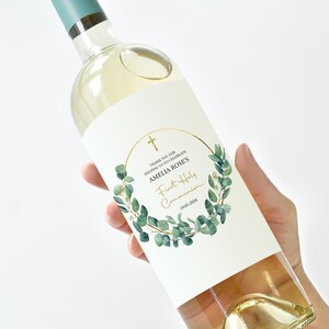 Personalised First Holy Communion Wine Label – Eucalyptus Design – Custom Name & Date – Keepsake Gift