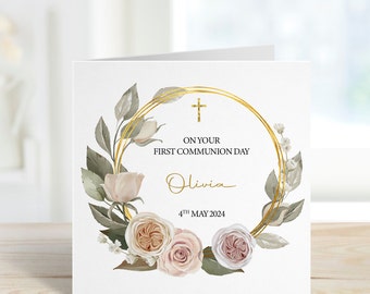 Personalised First Communion card, Holy Communion card boy girl, First Communion cross flowers