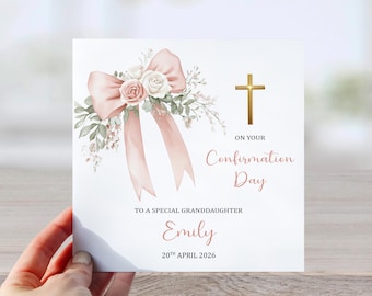 Personalised Confirmation Card Girl, Catholic Confirmation Card Granddaughter, Pink Bow Floral Religious Card, Custom Name & Date