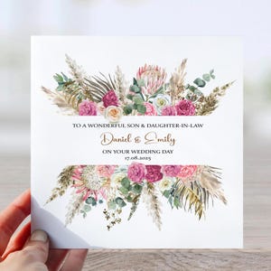 Congratulations on your wedding card, Personalised wedding card with floral boho design, Friends Wedding day card for the happy couple,