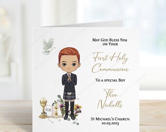 Personalised First Communion card, First Holy Communion card boy with kilt, Scottish First Communion card