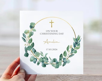 Personalised Christening Card with Name & Date, Religious Christening Card Boy or Girl, Eucalyptus Cross Baptism Card