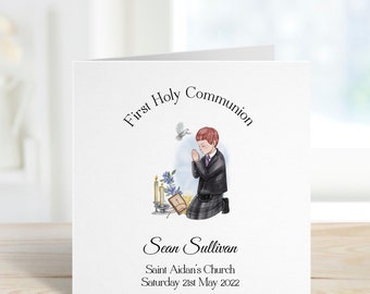 Personalised First Communion card, Holy Communion card boy in kilt, Handmade Communion card, Scottish First Communion card