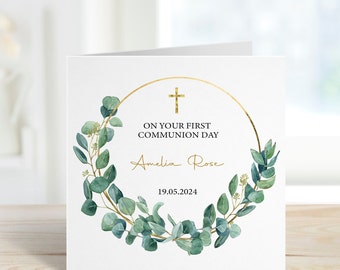 First Holy Communion card for boy or girl with eucalyptus design personalised with any name