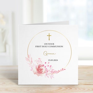 First Holy Communion card for girl with pink floral design personalised with any name