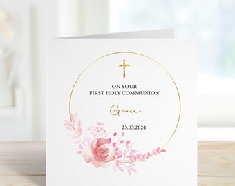 First Holy Communion card for girl with pink floral design personalised with any name