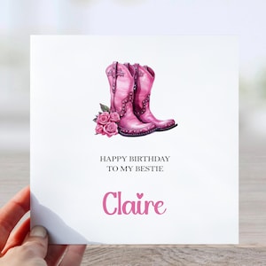 Pink Cowgirl Birthday Card for Best Friend – Personalised Western Boots Card, Country Girl Birthday Card, Custom Bestie Card