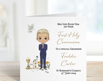 First Communion card for boy personalised with any name, First Holy Communion card for son, grandson, nephew, brother