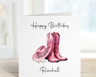 Cowgirl birthday card with Cowboy hat and boots, Pink sparkly cowboy hat and boots card personalised with any name. Country music card